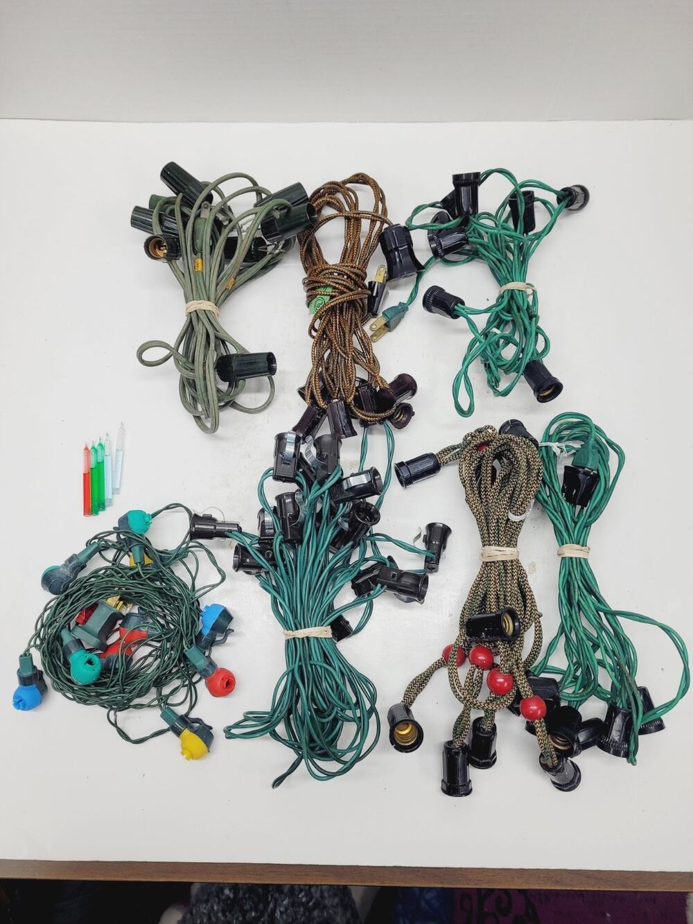 7 Vintage Christmas Light Strings C7 Green Wire Corn Mixed Lot No Bulbs Tested